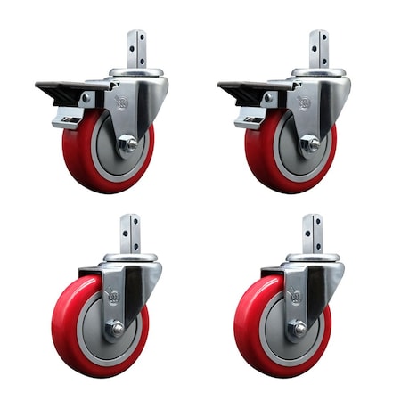 Service Caster 4'' Red Polyurethane Wheel Swivel 7/8'' Square Stem Caster Set 2 Brakes, 4PK SCC-SQ20S414-PPUB-RED-PLB-78-2-S-2